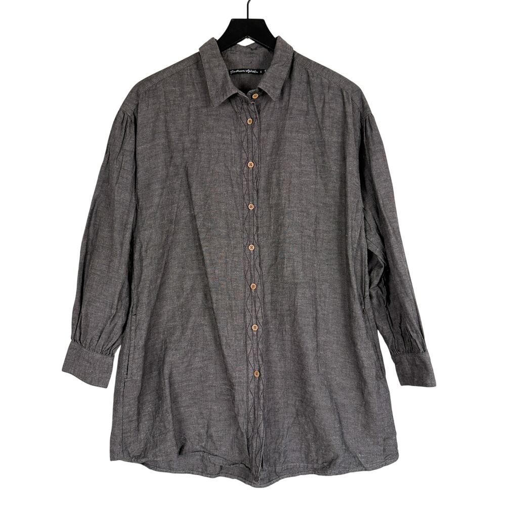 Gudrun Sjoden Linen Cotton Woven Button Up Tunic Shirt Brown Lagenlook - S